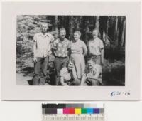 Tulare 4-H Seniors at Bruin Camp. ?, Joe Flore, Mrs. Andreas, Frances Wilson, Virginia Andreas and Dickie Wilson. Metcalf. July 1952