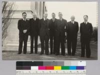 U. C. Forestry Faculty, Giannini Hall, around 1938. Left to right: Barr, Mulford, Krueger, Baker, Fritz, Metcalf, ? [sic]
