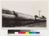 Redwood Region. Train of cars at Alton from Holmes Eureka Camp on Van Duzen River. Showing fresh clean logs, as a contrast to blackened burned logs of the past. August 1936. E.F