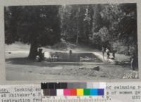 Looking south from the shallow end of swimming pool at Whitaker's Forest with beginning class of women getting instruction from Mrs. W. E. Newlon. Metcalf. 1937