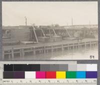 Hammond Lumber Company, Humboldt County. Loading docks. Men transfering lumber from tramway. The mill is located so that steamers can load right beside the yard. Many of the employees live in Eureka across the bay and a ferry company runs a big stem wheel boat across night and morning. Tickets cost them $1.50 per month, including a trip around the bay on Sundays