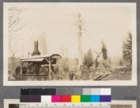 GR 6. 12 x 14 Humboldt Compound yarding machine made by the Williamette Iron and Steel Works mounted on sled ready to go to the woods. The slde is 60 feet long, 10 1/2 feet wide and the runners are 48 inches high