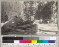 The small sawmill at Whitaker's Forest purchased from Robertson & Son, Graton, Sonoma County, June 1939, for $285.00. With belt and worked-over truck engine it cost about $440. Has a 58 inch saw. Metcalf. 1939