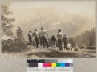 Party on Redwood Mountain, looking towards Bald Mountain across Redwood Creek near Whitaker's Forest. Tulare County