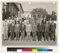 Yale School of Forestry. University of California School of Forestry. Industrial Forestry Seminar, January 21 - February 1, 1957. 1. J. E. Marian (Staff) 2. A. D. McReynolds 3. Wylie R. Macpherson 4. Earl Porter 5. Donald H. Baisinger 6. William S. Anderson, Jr. 7. Robert E. Johnson 8. Jim Nicholson 9. Yale Weinstein 10. James W. Girard, Jr. 11. Paul Pavlich 12. J. R. Dilworth (Staff) 13. Fred J. Sandoz 14. W. M. Beaty 15. Harry W. Falk 16. William H. Homes 17. Robert L. Ray 18. J. A. Zivnuska (Staff) 19. T. A. Carlson 20. Francis V. Holmes 21. K. M. Macdonald 22. Waller Reed 23. Dugan H. Pearl 24. Clark Heritage (Staff) 25. E.T.F. Wohlenberg (Staff) 26. H. J. Vaux (Staff) (Absent) S. S. Johnson