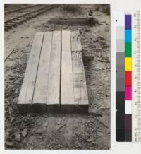 Chemonited cross ties of white fir removed from Diamond Match Company logging railroad track at curve shown in #6984 in 1940 because of breakage in a derailment. Laid in 1936. Examined in 1941. These samples typical of 40 examined as to condition. Four to left show bottom sides, one to right shows top side. See also #6986. 8-7-41. E.F