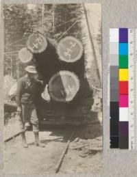 Second Growth Redwood Cutting Experiment, Project 688, Big River, Mendocino County, California. View showing a car of some of the larger logs loaded to go to the log dump. Note size of logs and width of sap wood. May 1923, E. Fritz