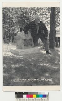 Dr. Karl Christofferson at Blaney Park, Michigan. "Unkie - 1930 to 1945. Only flesh, feathers and quills, but a Goose with a sparking personality, Joie de Vivre, rare devotion, and a fighting heart. He ruled the lake with the determination of a watch dog and guardian; a warrior to the end. He went out fighting to forever hold a place in Blaney Park."