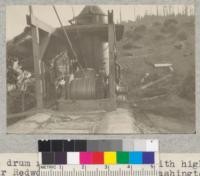 Wide drum roading donkey used with high lead. Glenn Blair Redwood Company. An 11 x 14 Washington Iron Works half-breed. March 1923