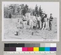 Jim Averell, Bill Maguire, Fernando Gil, Dr. Hutchinson of University of British Columbia, Bishan Yassamy of Iran, and Jose Nicholas at Maguire's temperature study plot at Placerville. Metcalf. May 1954