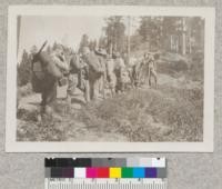 Professor Metcalf and Forestry class trekking on 12 mile walk to Feather River, Califorest Camp 21. June 1921