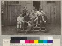 Camp Califorest - class 1923 - and mascot. Top row: Hansen, Bower, Grasovsky. Bottom row: Gevorkiantz, Maclay, Rutherford, Graham