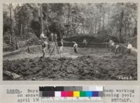 Boys from the Las Posadas Civilian Conservation Corps camp working on excavation for the 4-H club swimming pool. April 1935. Metcalf