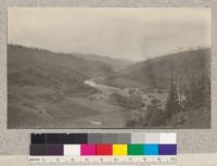 Looking up Garcia River from point near Brush Creek School. Showing cultivated bottom lands, attempts at clearing slopes. Slopes indicate many fires. 6-4-22