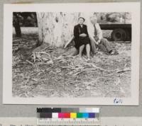 Mr. & Mrs. Wakelin McNeel at the big Eucalyptus vinimalis tree near the grave of John Muir. Aug. 1951. Metcalf