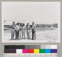 Left to Right: Nicholas, Gil, Yassay, Dierkson, Averell, and Allen at Oakdale leased nursery of Forest Service. They raise 1 million+ ponderosa and sugar pine. Metcalf. May 1954