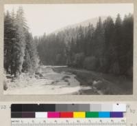 Eel River, South Fork. From Bull Creek Flat Road. Mouth of Bull Creek marked by streak of sunlight coming through the Creek canyon. (1/2" - 11). March 31, 1935. E. F