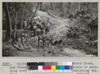 Culverts and road fill across Moore Creek, Las Posadas State Forest to give access to swimming pool site. The Civilian Conservation Corps crew completing the fill. April 1935. Metcalf