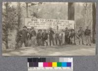 Silviculture class and some good fire publicity. Santa Cruz trip October, 1922. (Left to Right) Humphrey (driver), Gibbs, Edwards, Harris, Maclay, Lott, Moroe, Collins, Ellis, Grasovsky, Jacobs, and Meiring. The latter holds a six foot sprout one year old