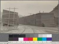 Some fine piling of clear redwood lumber. Note racks for stickers between the piles. Note also that rear end of pile is high. Little River Redwood Company, Bulwinkle, California. May, 1920. E. F