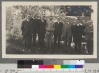 At the Forestry Bungalow. Nov. 1915. From left to right: M.B. Pratt; D. T. Mason; M.E. Krueger; Alex. Muzzall; G. M. Homans; Walter Mulford; Donald Bruce; Duncan Dunning