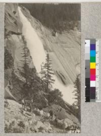 Crowns of Douglas Fir silhouetted against the falling water of Nevada Falls from a point on the zig-zag trail down the steep canyon side beside the falls. Those in the party are Pratt, Fritz, Austin and Toasbern