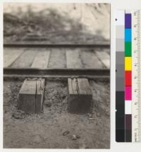 Chemonited cross ties in Diamond Match Company logging railroad track 4 1/2 miles from Stirling City. #69 is to the right. Shows charcteristic checking of white fir. 8-7-41. E.F