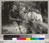 University of California Forest Camp. Four of the five assistants. Left to right: Leif Espenas, Rudy Janecek, Phil Joranson, Bob Seale. "A study in Beards." July 12, 1939. Emanuel Fritz