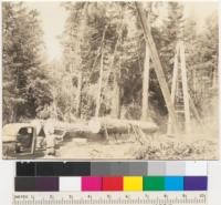 Redwood Region. Contractors' landing on Mendocino Lumber Company operation on Big River, Mendocino County, California. Showing loading rig of unique type. See also 6067 and 6065. 8-13-36. E.F