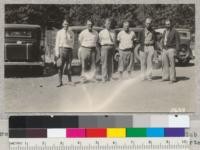 Group of leaders at Riverside-San Bernardino 4-H Club Camp, 1933. Garner, McFarlane, Pierce, Metcalf, Rund and Hertel. Metcalf