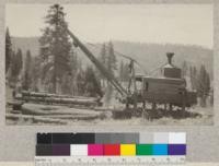 McGiffert loader loading yellow pine logs brought to the landing by tractors. Clover Valley Lumber Company, Camp 8. August, 1925