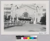 Flag retreat in front of main building at California State Fair. Metcalf. August 1952