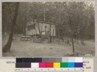 The cook house at Las Posadas camp is well equipped with a large stove and complete outfit of cooking utensils with outdoor and indoor sinks for washing dishes. It is painted gray and the decorations are the work of Leader George Crowe of Napa County. Metcalf. July, 1928