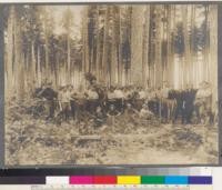 Michigan Agricultural College Department of Forestry. Views taken during the summer term, 1910. Group picture of students who took the work in 1910 summer school. At the headquarters of the Public Domain Commission. Roscommon County. Cold Springs on Higgins Lake, Michigan