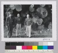 Evans, Burton and Metcalf by log pile at Forestville, Sonoma County. Metcalf. January 1954