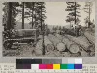 Clover Valley Lumber Company near Camp 8, Clover Valley, California. A small Holt caterpillar tractor shown bunching logs for the wheel tractors. The tractor is shown bunting or pushing the logs together. The chain on top is used to drag the right-most log over the top of the others to make a heap. August, 1925