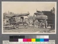 Holt caterpillar tractor load of logs being scaled. Note binding chains and grab hook at pond. Clio, California. Feather River Lumber Company