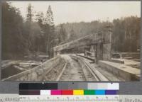 Showing method of unloading log cars, Mendocino Lumber Company, Mendocino, California. Cars are pushed under the heavy "gate" and logs thus pushed off. April, 1921. E.F