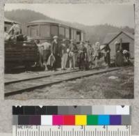 Homeward bound. At the Quincy Station, motor dinkey and baggage trailer. Califorest, 1922