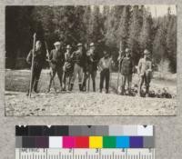 Party of students on a surveying trip. Califorest 1922. (Left to Right) Gibbs, Stanford, Kellogg, Keith, Byrne, Honeycutt, Sherman, Harris