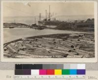 Union Lumber Company Log Pond & Wharf. Fort Bragg, California. The log pond is much higher than the ocean. 1926