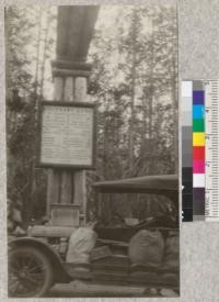 The sign board on the continental Divide, boundary of Beartooth and Beaverhead Forests. (Lott)