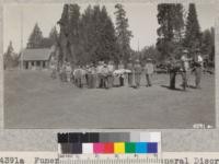 Funeral ceremonies for "General Disorder" and "General Inefficiency" at Whitaker's Forest on July 7th by the Tulare-Kings clubs. Headquarters under construction in the rear. Metcalf. July, 1928