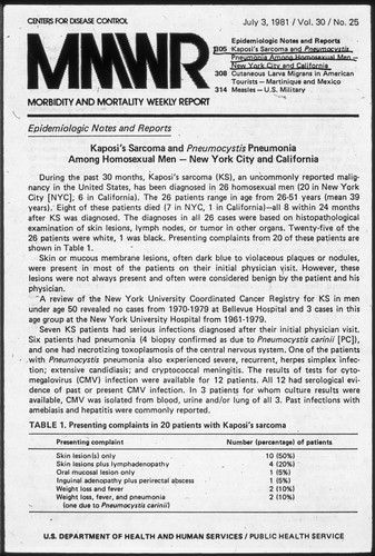 Cover of Morbidity and Mortality Weekly Report with article "Kaposi's Sarcoma and Pneumocystis Pneumonia Among Homosexual Men - New York City and California"