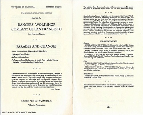 Cast list of a performance of Halprin's "Parades and Changes" at Wheeler Auditorium, UC Berkeley