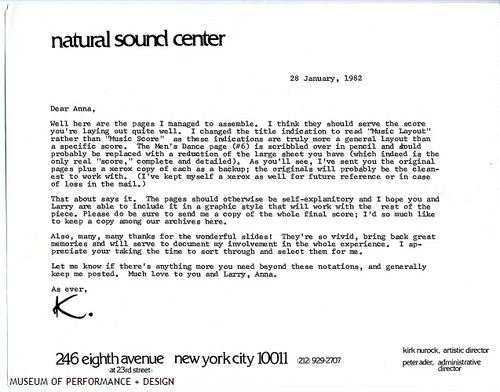 Correspondence from Kirk Nurock to Anna Halprin, 1982