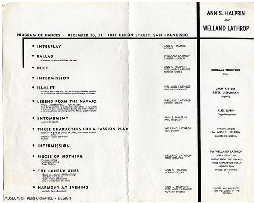 Program of Dances by Anna Halprin and Welland Lathrop