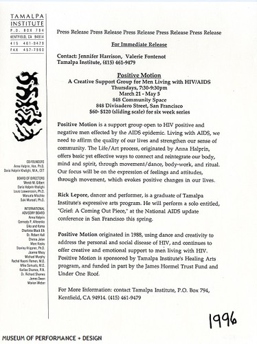 Flyer for "Positive Motion" presented by the Tamalpa Institute, 1996