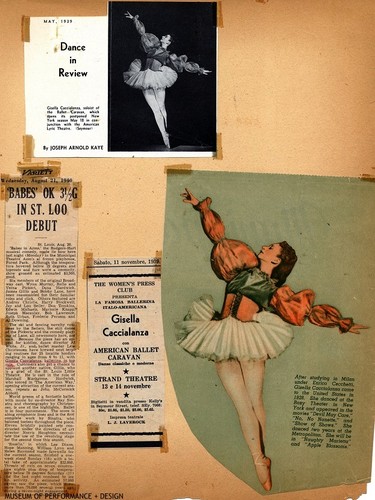 Scrapbook page with two images of Gisella Caccialanza, a newspaper announcement, and an article