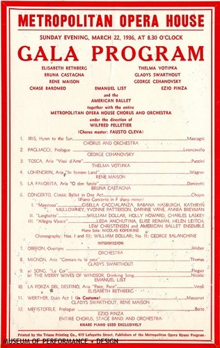 Gala Program for the Metropolitan Opera House, March 22, 1936